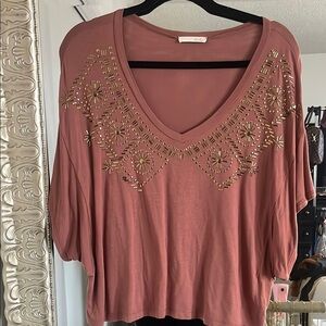 Lush pinkish clay colored Embellished 3/4 Sleeve Blouse Small